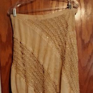 Tan silklike long skirt w/sequins & designs